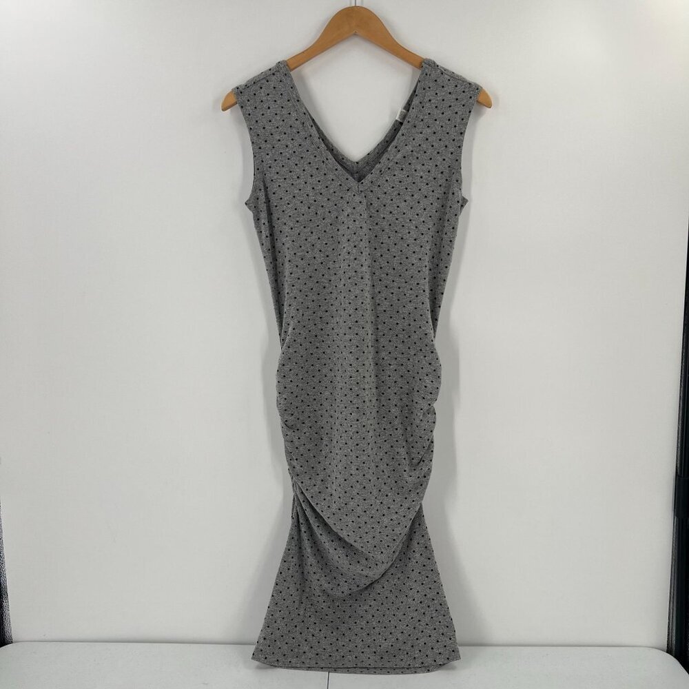 Monrow S Ruched Midi Dress Gray Polka Dot V-Neck Sleeveless Premium Jersey‎ Knit